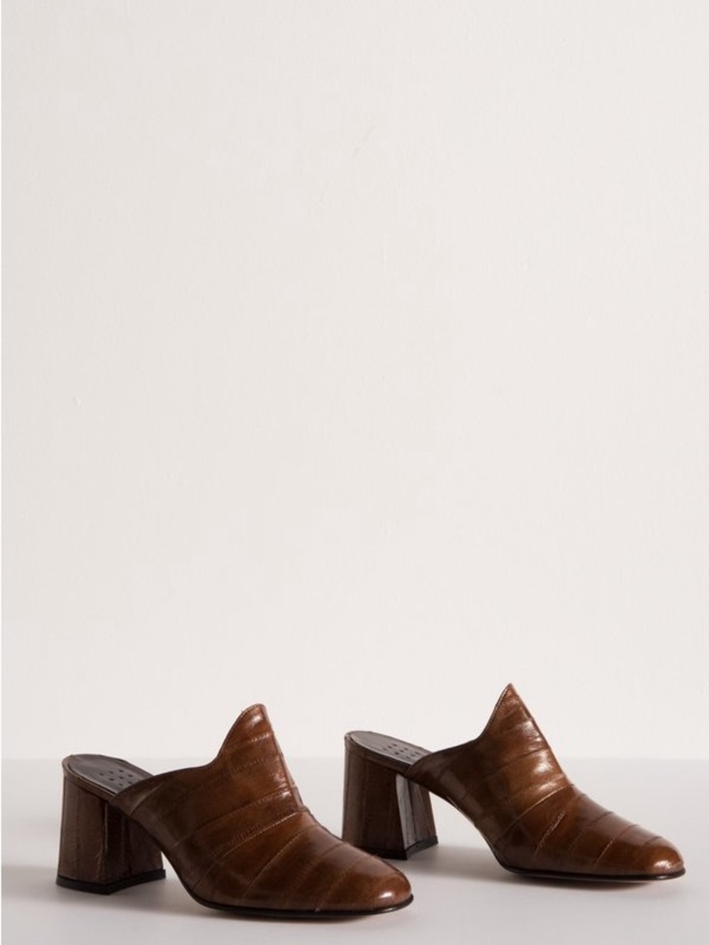 Trademark Frances eel skin in tobacco Leather Block Heel Mules